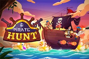 Tecknad piratbåt med pirater och en kanonskjutning i solnedgången, med texten Pirate Hunt i förgrunden