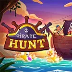 Tecknad piratbåt med pirater och en kanonskjutning i solnedgången, med texten Pirate Hunt i förgrunden