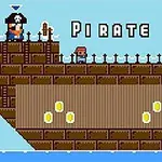 Pirattema med pixelgrafik visar en stor träbåt, två figurer och mynt i bakgrunden