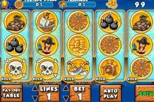 Färgglad spelautomat med symboler som döttrar, bomber, guldmynt och piratskepp på hjulen