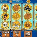 Färgglad spelautomat med symboler som döttrar, bomber, guldmynt och piratskepp på hjulen