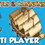 Skepp med segel och kanoner på blå bakgrund, omgiven av en liten båt och bläckfiskarmar, med texten Pirates & Cannons Multiplayer