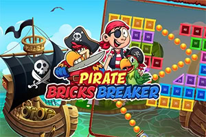 Tecknad illustration av pirater och papegojor på ett piratskepp med färgglada block och bollar