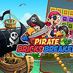 Tecknad illustration av pirater och papegojor på ett piratskepp med färgglada block och bollar