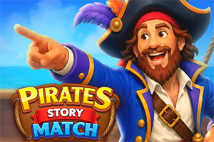 Leende tecknad pirat i blå rock pekar åt vänster bredvid färgglad text med orden Pirates Story Match