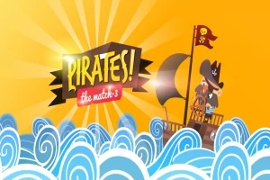 Pirattema med en pirat på ett fartyg bland blå vågor mot en solig gul bakgrund