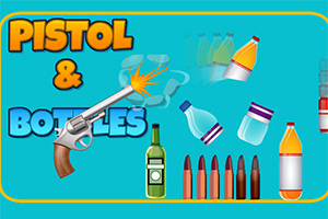 Illustration av en pistol som skjuter mot flygande flaskor och kulor mot en blå bakgrund med texten Pistol & Bottles