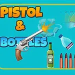 Illustration av en pistol som skjuter mot flygande flaskor och kulor mot en blå bakgrund med texten Pistol & Bottles