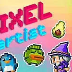 Pikselgrafik med texten PIXEL artist i neonfärger och figurer inkluderande hund, riddare, pingvin, anka, mage och en avokado, mot en regnbågsfärgad bakgrund