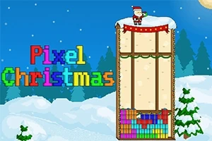En pixlad vinterscen med en tomte på toppen av ett snötäckt torn och färgglada texten Pixel Christmas till vänster