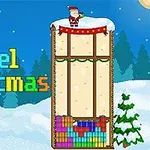 En pixlad vinterscen med en tomte på toppen av ett snötäckt torn och färgglada texten Pixel Christmas till vänster