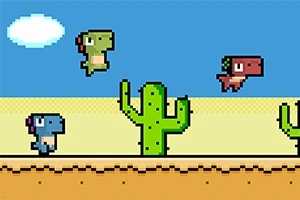 Färgglada pixel-dinosaurier hoppar över kaktusar i en ökenlandskap med blå himmel