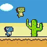 Färgglada pixel-dinosaurier hoppar över kaktusar i en ökenlandskap med blå himmel