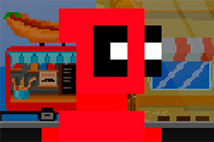 En pixlad tecknad figur i rött med stora svarta och vita ögon framför ett gatustånd med en stor hotdog ovanpå