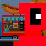 En pixlad tecknad figur i rött med stora svarta och vita ögon framför ett gatustånd med en stor hotdog ovanpå