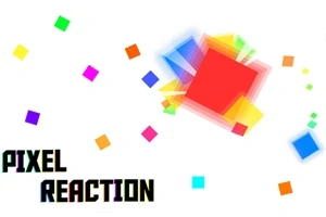 Färgglada pixlar och en stor, suddig röd fyrkant med texten Pixel Reaction på en vit bakgrund