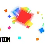 Färgglada pixlar och en stor, suddig röd fyrkant med texten Pixel Reaction på en vit bakgrund