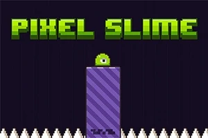 Texten PIXEL SLIME i gröna blockbokstäver ovanför en grön ögonglob på ett lila block, omgiven av en rad vita taggar mot en mörk bakgrund