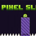 Texten PIXEL SLIME i gröna blockbokstäver ovanför en grön ögonglob på ett lila block, omgiven av en rad vita taggar mot en mörk bakgrund