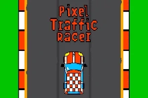 Ett pixelerat spel med en bil i rött och blått på en väg och texten Pixel Traffic Racer ovanför