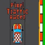 Ett pixelerat spel med en bil i rött och blått på en väg och texten Pixel Traffic Racer ovanför