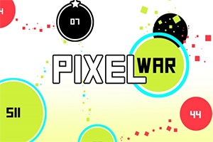 Texten PIXEL WAR omgiven av färgglada cirklar med nummer och pixlar på en vit bakgrund