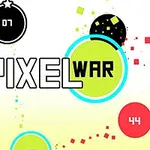 Texten PIXEL WAR omgiven av färgglada cirklar med nummer och pixlar på en vit bakgrund