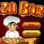 En tecknad pizzabagare står vid ett bord med pizzaingredienser och en pizza, omgiven av stora knappar med texten Tutorial, Play och Select level