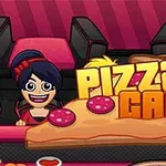 Tecknad bild av två figurer med svart hår sittande i en restaurang med texten Pizza Cafe ovanpå en stor pizzaslice