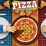 Två tecknade händer sträcker sig mot en pizza på ett bord, med en blå bordsduk till vänster och en röd till höger, samt texten Pizza Challenge ovanför