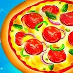 En tecknad pizza med pepparoni, gröna paprikor, lök och basilika på en blå bakgrund