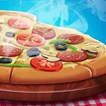 En ångande pizza med tomater, oliver, svamp och salami på en träplatta mot en blå bakgrund