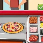 En tecknad bild av en pizza med olika ingredienser och en person i bakgrunden, samt ikoner för bekräftelse och avbrytning