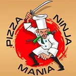 Tecknad kock i ninja-ställning med svärd och röd cirkel i bakgrunden, omgiven av texten Pizza Ninja Mania