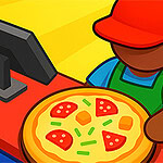Person i röd keps och förkläde som håller en pizza framför en kassaapparat med pengar bredvid