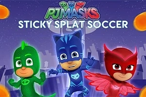 Tre animerade superhjältar i färgglada dräkter framför en stadssilhuett med texten Sticky Splat Soccer