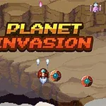 Pixelkonst med texten Planet Invasion och en rymdfarkost över en ökenliknande planet