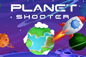 Färgglada planeter och en raket i ett tecknat rymdlandskap med texten PLANET SHOOTER ovanför