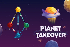 Fyra färgglada planeter sammanbundna av pilar i ett geometriskt mönster med ett rymdskepp ovanför och texten Planet Takeover