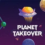 Fyra färgglada planeter sammanbundna av pilar i ett geometriskt mönster med ett rymdskepp ovanför och texten Planet Takeover