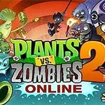Tecknade växter och zombies i färgglada illustrationer med texten Plants vs Zombies 2 Online i mitten
