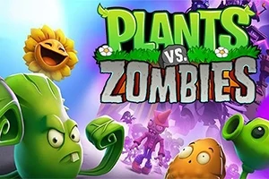 Färgglada tecknade växter och zombier med texten Plants vs Zombies i bakgrunden