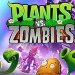 Färgglada tecknade växter och zombier med texten Plants vs Zombies i bakgrunden