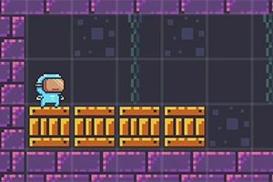En pixelgrafik med en figur i blå rymddräkt stående på gula lådor mot en bakgrund av lila och svarta rutor