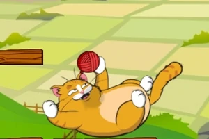 Tecknad orange katt som leker med ett rött garnnystan på en bakgrund av fält