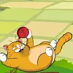 Tecknad orange katt som leker med ett rött garnnystan på en bakgrund av fält