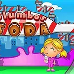 Två tecknade barn dricker soda under en stor skylt med texten plumber soda och färgglada rör i bakgrunden