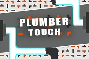 Texten Plumber Touch är centrerad över stiliserade rör och mönster i grått, orange och turkost