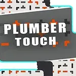 Texten Plumber Touch är centrerad över stiliserade rör och mönster i grått, orange och turkost