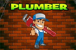 Tecknad karaktär i blå overall och keps håller en rörtång framför en tegelvägg med texten PLUMBER ovanför